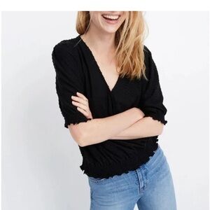 Madewell Texture & Thread Black Textured Swiss Dot smocked Crossover Top